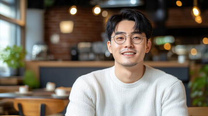 Obraz premium smiling man with glasses in cozy cafe setting, wearing light sweater. warm atmosphere and soft lighting create welcoming vibe
