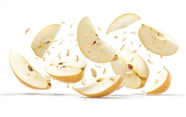 Sliced custard apple fruit flying in mid-air with seeds scattered on a white background dynamic and realistic stock image for food or product design. Generative AI