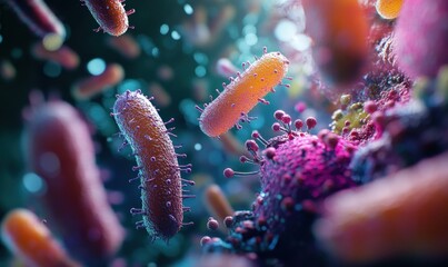 Naklejka premium Microscopic view of bacteria in vibrant colors.
