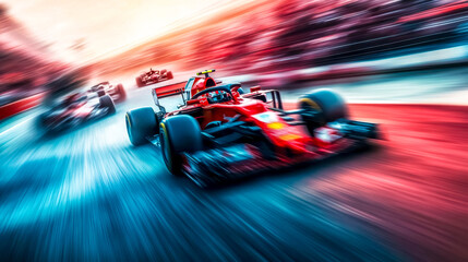 Formula one cars racing on speed circuit track