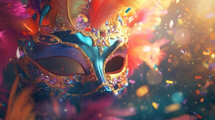 A vibrant masquerade mask adorned with feathers and jewels, set against a festive backdrop.
