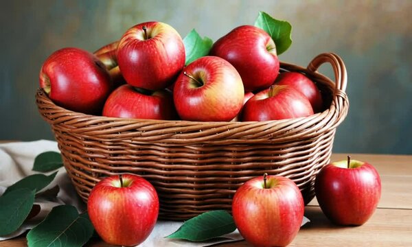fresh red apples in a rota basket and green leaves on a wooden table in a house