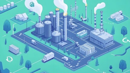 A cartoonish drawing of a city with a factory in the middle. The factory is surrounded by a lot of smoke and has a lot of trucks and cars driving around it