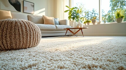 Fluffy carpet and stylish furniture on floor indoors, low angle view