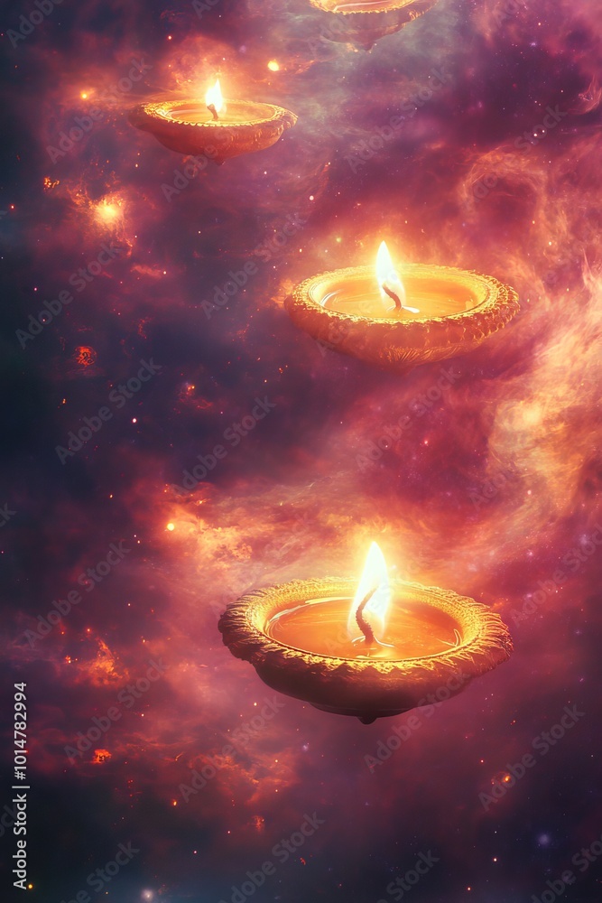 Canvas Prints Dreamlike Diwali background with glowing diyas floating in a surreal nebula.