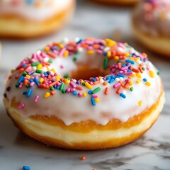 Sweet glazed donut covered in multicolored sprinkles placed on natural wooden table image