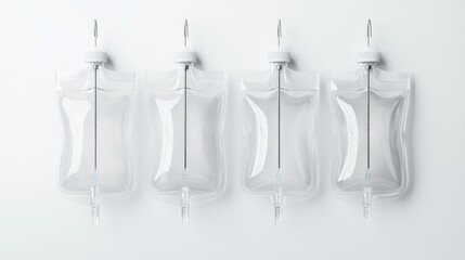 Set of four empty IV bags hanging on a white background isolated and realistic medical equipment with clear plastic containers and needles.. Generative AI