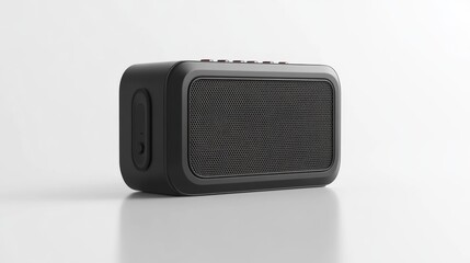 Obraz premium A sleek black portable speaker placed on a clean white background. This image is ideal for promoting modern audio technology, electronics, or music-related products.