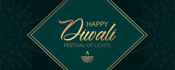 Golden text Happy Diwali, festival of lights, diya lamp and abstract floral mandala decorations on green background. Elegant festive banner design for hindu festival Diwali.