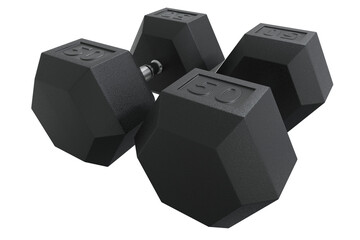 Two Hex Dumbbells with number 50, weightlifting gym equipment. Png clipart isolated on transparent background