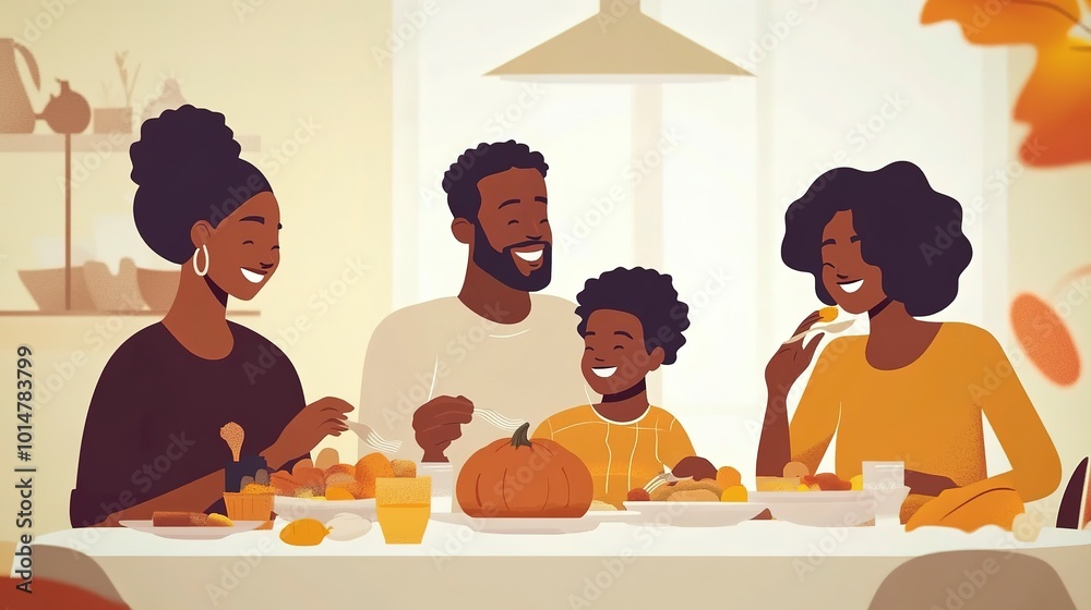 Sticker African American family having dinner during thanksgiving day. Happy people celebrating holiday, eating and laughing together 