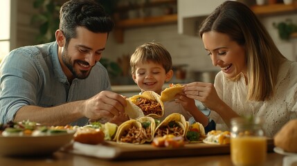 Family having a taco night for National Pulled Pork Day, October 12th, delicious tacos with pulled pork, 4K hyper realistic photo.  