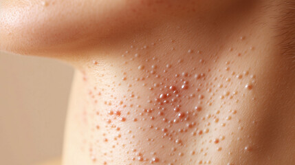 Fototapeta premium Detailed Close-Up of Rubella Rash on Neck, Highlighting Pink Fine Spots on Skin Texture for Medical Reference
