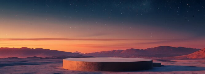 Fototapeta premium 1. A minimal podium set against a stark desert landscape, under a gradient sky transitioning from deep twilight to starry night, providing an ideal backdrop for product presentation with ample copy