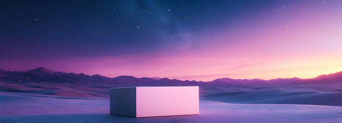 1. A minimal podium set against a stark desert landscape, under a gradient sky transitioning from deep twilight to starry night, providing an ideal backdrop for product presentation with ample copy