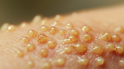 Detailed View of Bullous Pemphigoid Blisters on Human Leg, Showcasing Tense, Fluid-Filled Lesions and Skin Texture