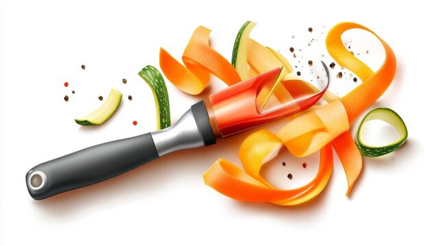 Realistic vegetable peeler with colorful peelings on a white background ideal for kitchenware promotions food preparation visuals or cooking tool advertisements.. Generative AI