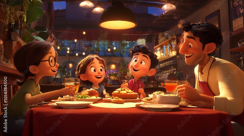 Canvas Prints A cheerful family gathers at a restaurant, relishing a delightful meal, bonding with love and togetherness.  