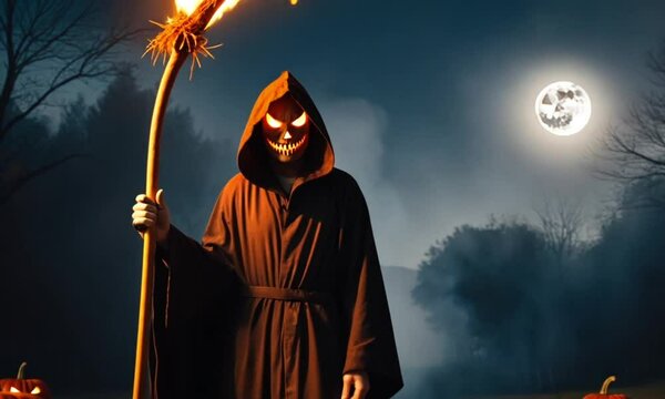 scary hellowen night when someone carries a fiery scythe and a cloak with a scary face of burning fire during a full moon at night