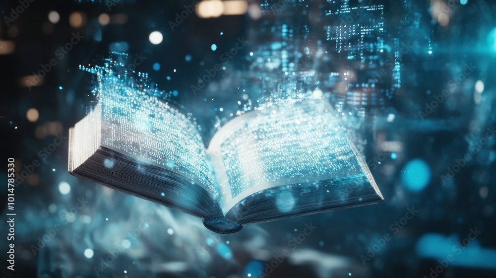 Poster a digital book floating in a futuristic environment with glowing data elements.