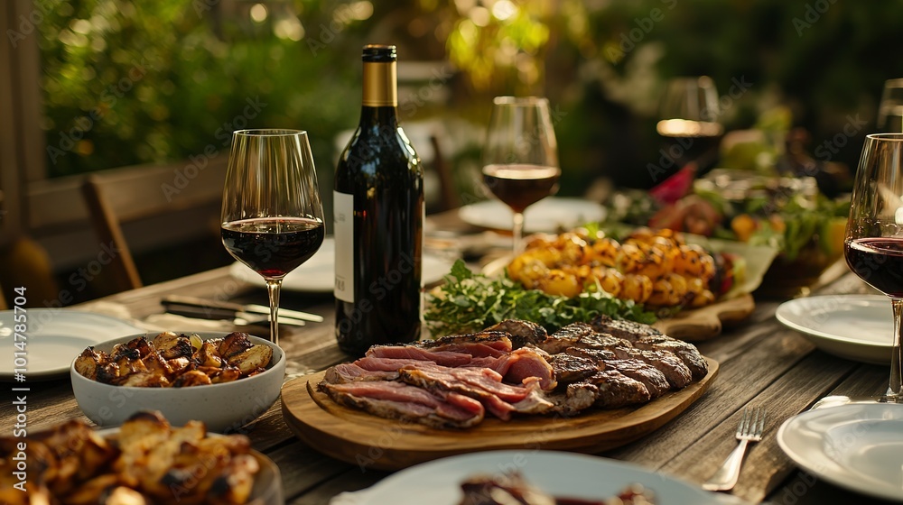 Poster Backyard BBQ Dinner Table with Grilled Meat and Wine  