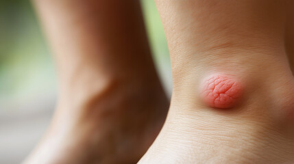 Fototapeta premium Close-Up of Erythema Nodosum on Shin, Showcasing Painful Red Lumps Under Skin for Medical and Educational Use