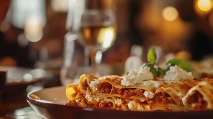 Pasta Dinner, Happy Italian Couple Eating Cannelloni Pasta with Ricotta, Minced Beef, Spinach in Restaurant  
