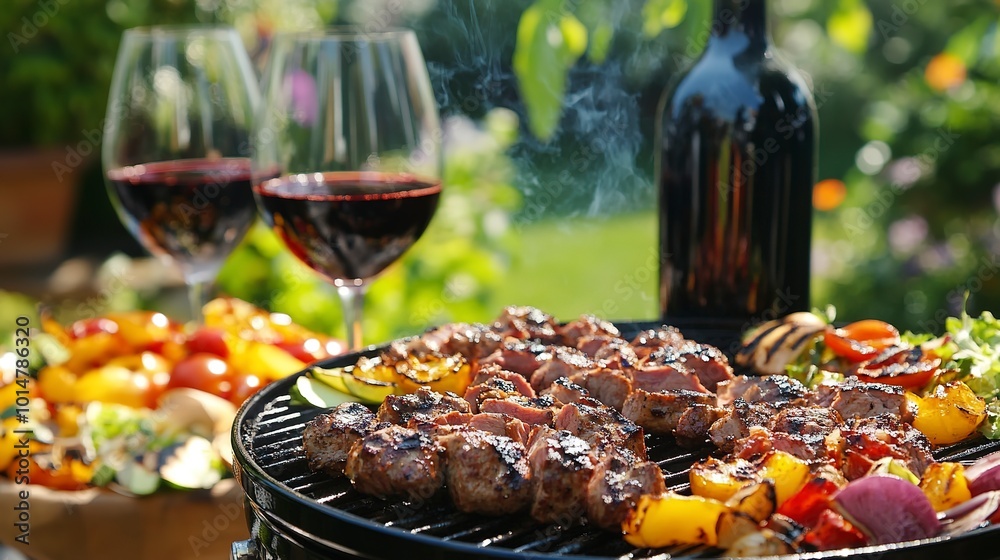 Poster backyard bbq dinner party happy people enjoying tasty grilled meat salads and wine outdoors 