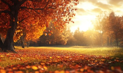 A warm autumn sunset casts a golden glow on a field of fallen leaves.