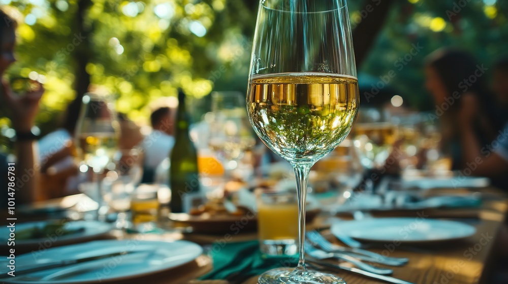 Poster Close-up on a wine glasses with white wine on a table in a backyard or a restaurant while family and friends are having brunch or dinner in the back  