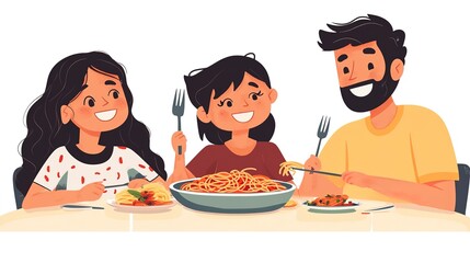 Cheerful family enjoying a spaghetti dinner together, sharing smiles and bonding over a meal. 