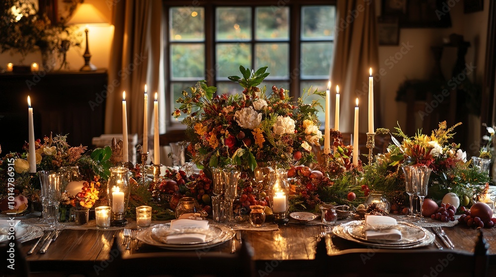 Poster Holiday celebration table decor, festive tablescape in dining room, candles and flowers decoration for formal family dinner in the English country house, countryside interior design  