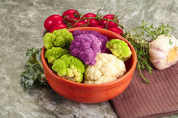 Raw cauliflower different colors heap