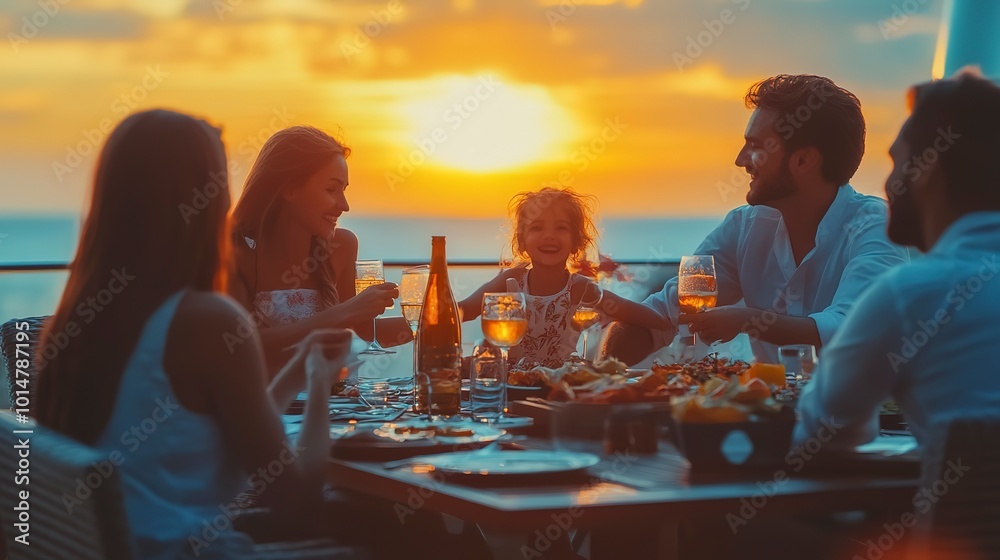 Wall mural 4 Family enjoying a buffet dinner on a cruise ship, with ocean views during a summer sunset 