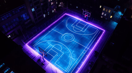 A dramatic, glowing basketball court seen from above at night. v2