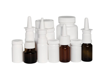 Set different empty white and brown plastic bottle and tubes on isolated transparent background. pill bottle, mockup. PNG