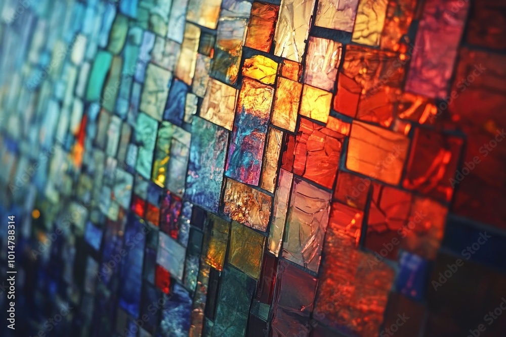 Poster a detailed view of intricate stained glass designs on a wall, suitable for use in decorative or arch