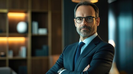 Fototapeta premium A businessman standing with his arms crossed, wearing a suit and tie