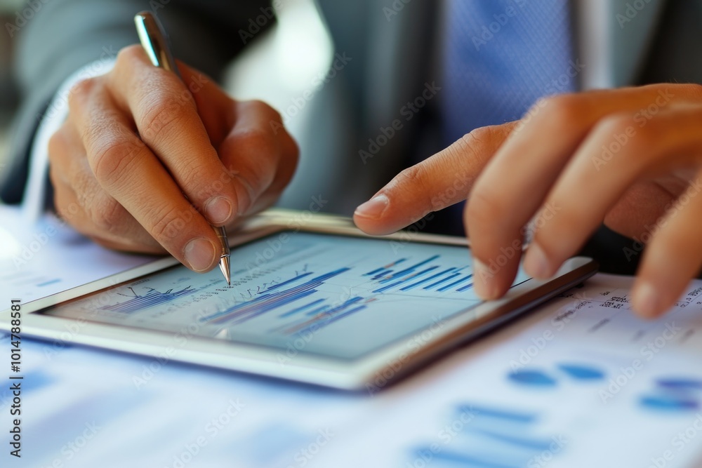 Poster a detailed view of someone operating a tablet, potentially working or browsing