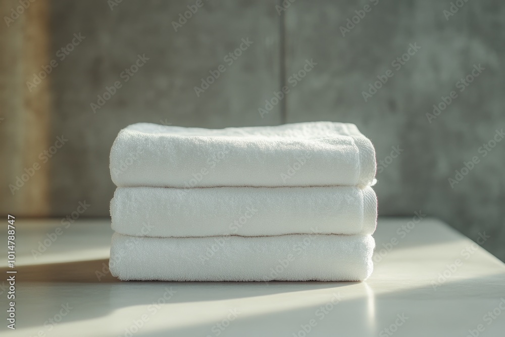 Poster A stack of clean white towels resting on a table, ready for use