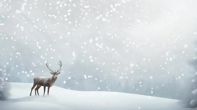 Majestic Reindeer in Winter Wonderland: A solitary reindeer stands proudly amidst a breathtaking winter landscape, snowflakes gently falling around it.