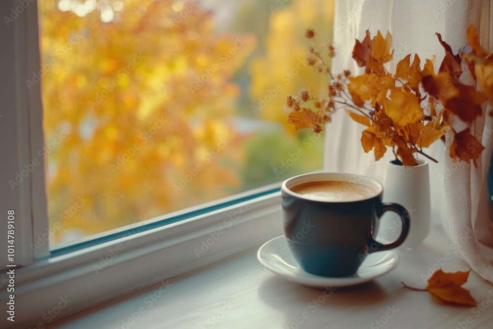 Poster a cup of coffee sits on a windowsill next to an open window, perfect for a morning pick-me-up or a c
