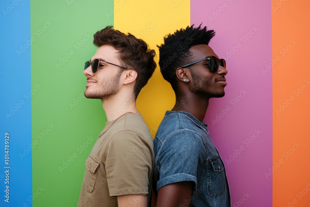 Poster two guys posing side by side, friendship and unity concept