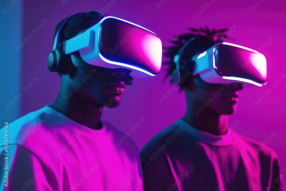 Poster two people exploring virtual worlds with vr technology