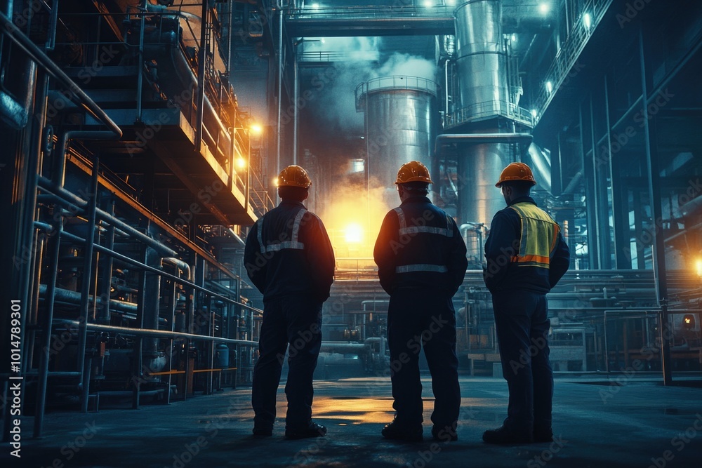 Poster three men in hard hats and safety vests standing together in a modern factory setting