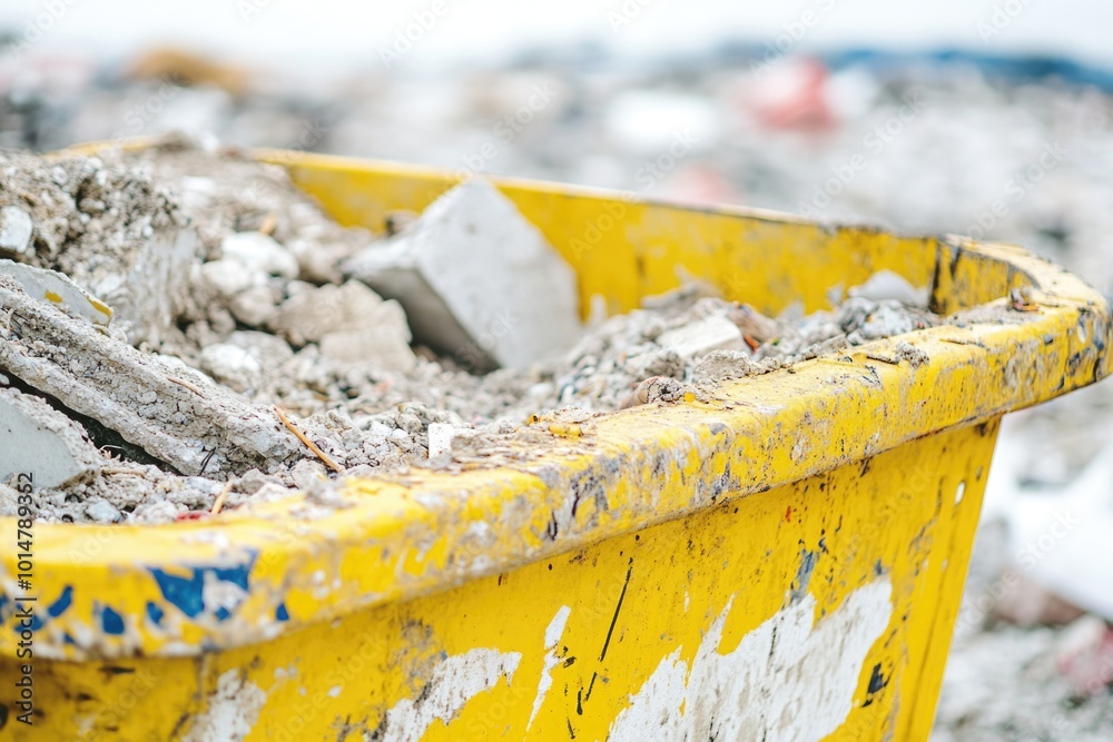Poster a yellow bucket overflowing with debris and rubble