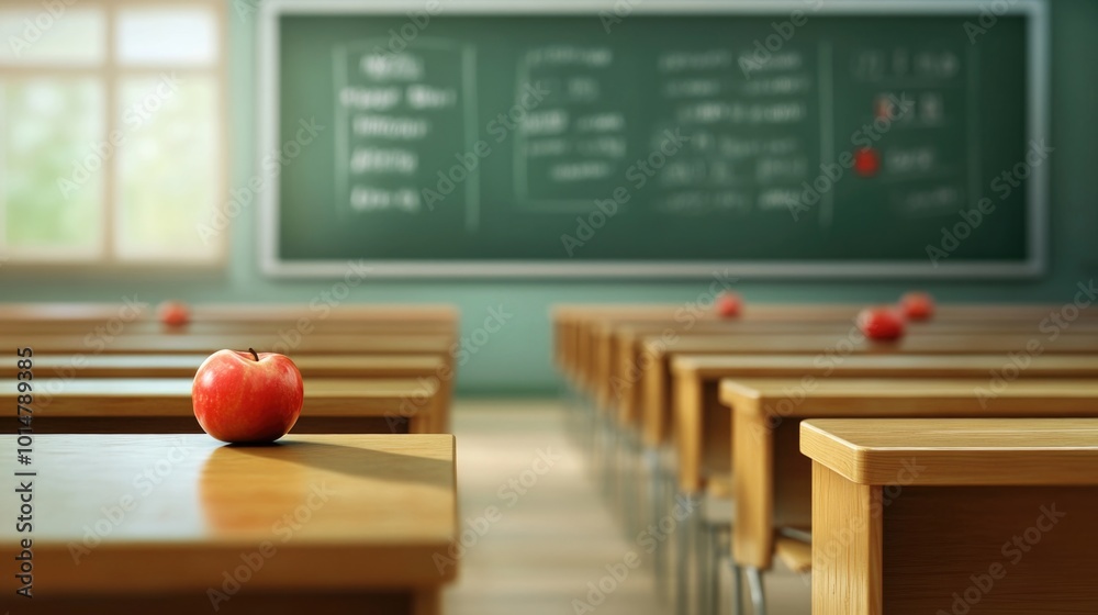 Poster a single apple sits on a desk in a typical classroom setting, suitable for educational or office use