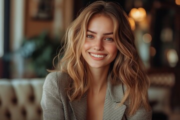 Obraz premium Woman with long brown hair is smiling. She is wearing a jacket and sitting on a couch. Elegant Professional Woman