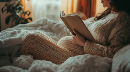 Pregnant woman reading a book in bed. Relaxing moments. Home comfort. Healthy lifestyle. Pregnancy and relaxation. Peaceful morning. Lifestyle imagery. Editorial use  