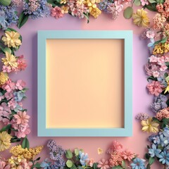 A vibrant square frame surrounded by colorful flowers on a pastel background from a top view perspective showcasing a fresh and lively aesthetic